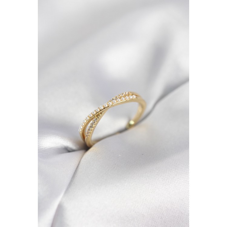 İncili ve Zirkon Taşlı Gold Renk Kadın Yüzük