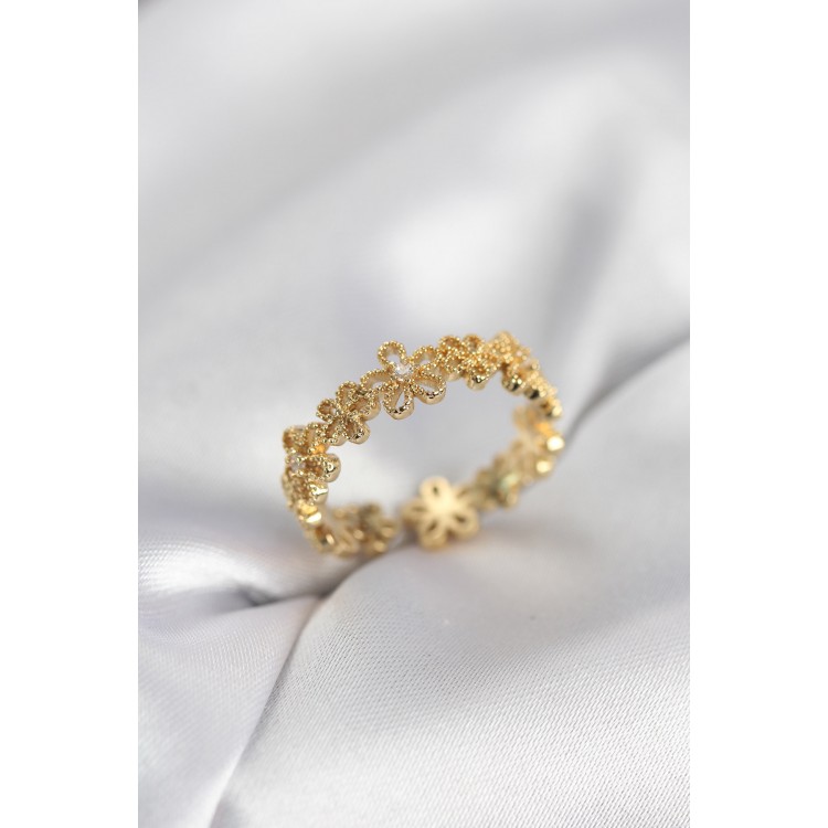 Gold Renk Sıralı Çiçek Model Zirkon Taşlı Kadın Yüzük