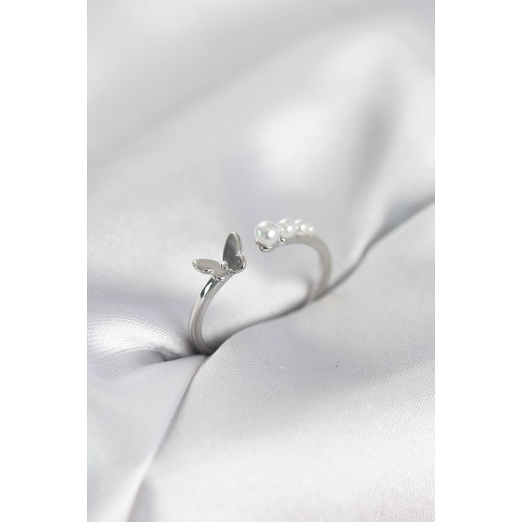 İncili Kelebek Model Gümüş Renk Pirinç Kadın Yüzük