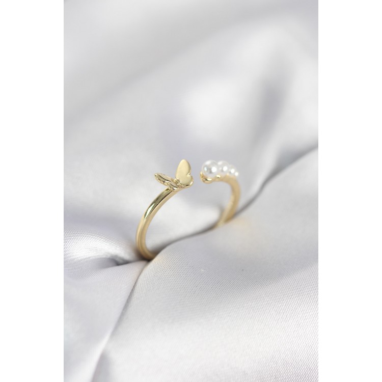 İncili Kelebek Model Gold Renk Pirinç Kadın Yüzük