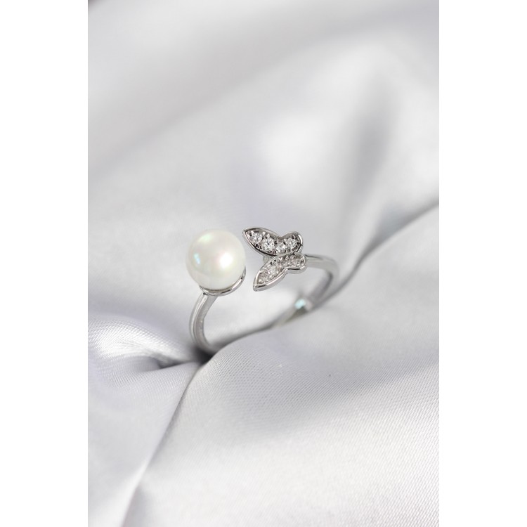 Kelebek İncili Model Gümüş Renk Zirkon Taşlı Kadın Yüzük