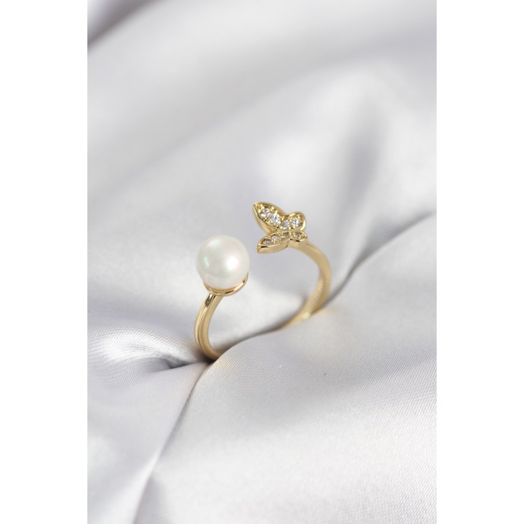 Kelebek İncili Model Gold Renk Zirkon Taşlı Kadın Yüzük