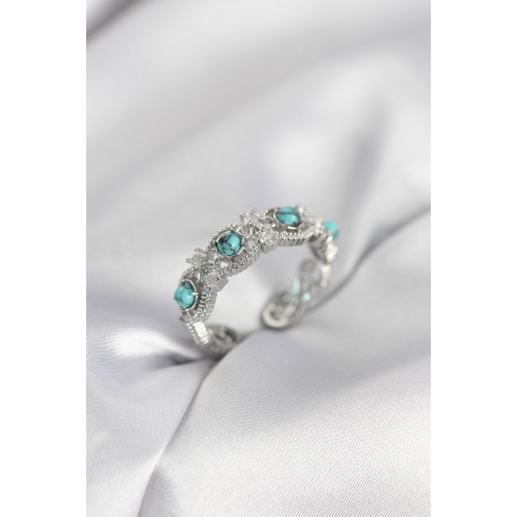 Mavi Taşlı Gümüş Renk Vintage Kadın Yüzük