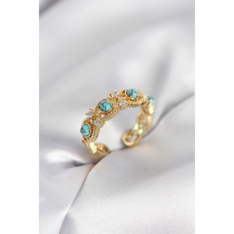 Mavi Taşlı Gold Renk Vintage Kadın Yüzük