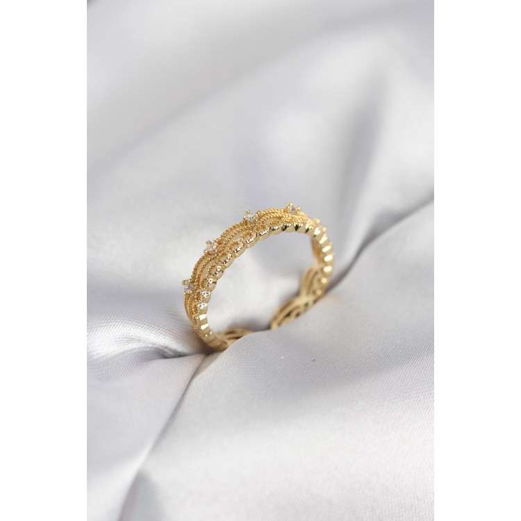 Gold Renk Motif Desenli Zirkon Taşlı Kadın Yüzük