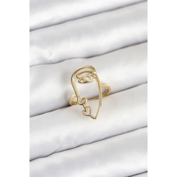 Pirinç Gold Renk Picasso Tarzı Tek Çizgi Yüz Model Kadın Yüzük