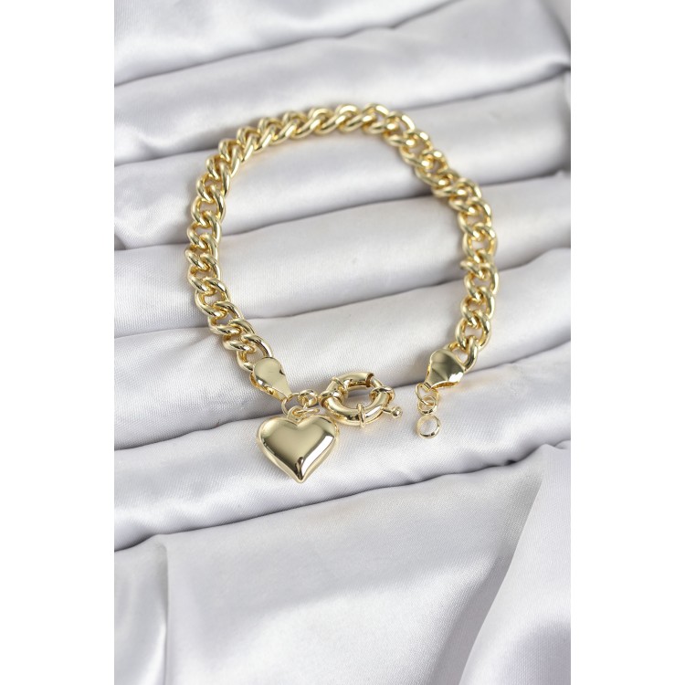 Kalp Detaylı Gold Renk Pirinç Kadın Bileklik