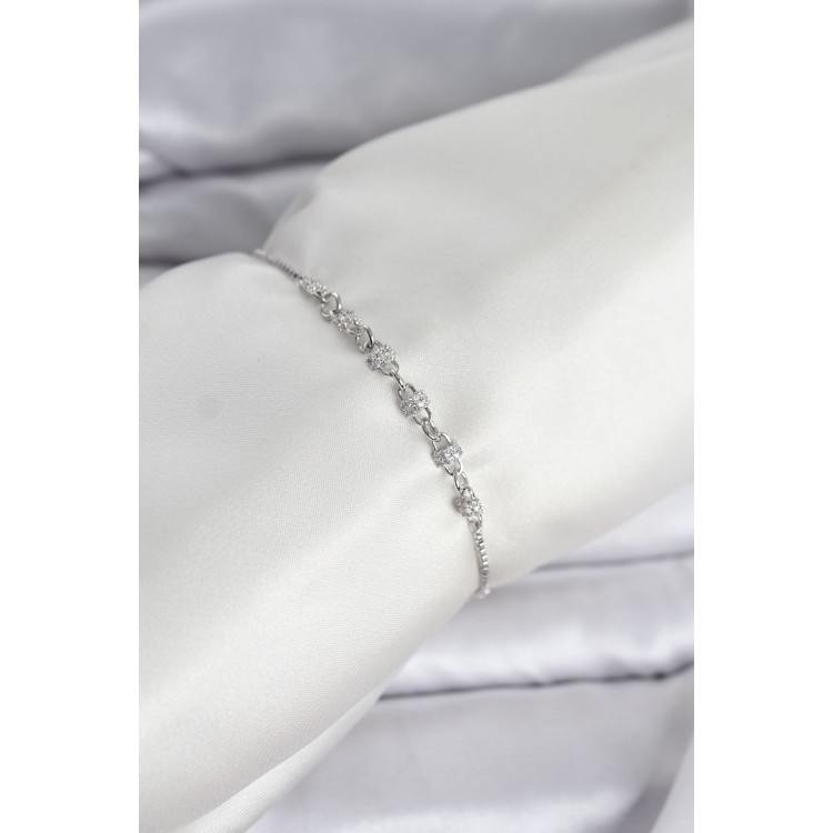 Gümüş Renk Zincir Model Zirkon Taşlı Pirinç Asansörlü Kadın Bileklik