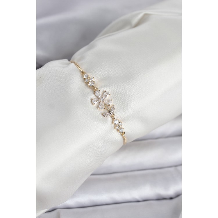 Gold Renk Zirkon Taşlı Papatya Model Asansörlü Kadın Bileklik