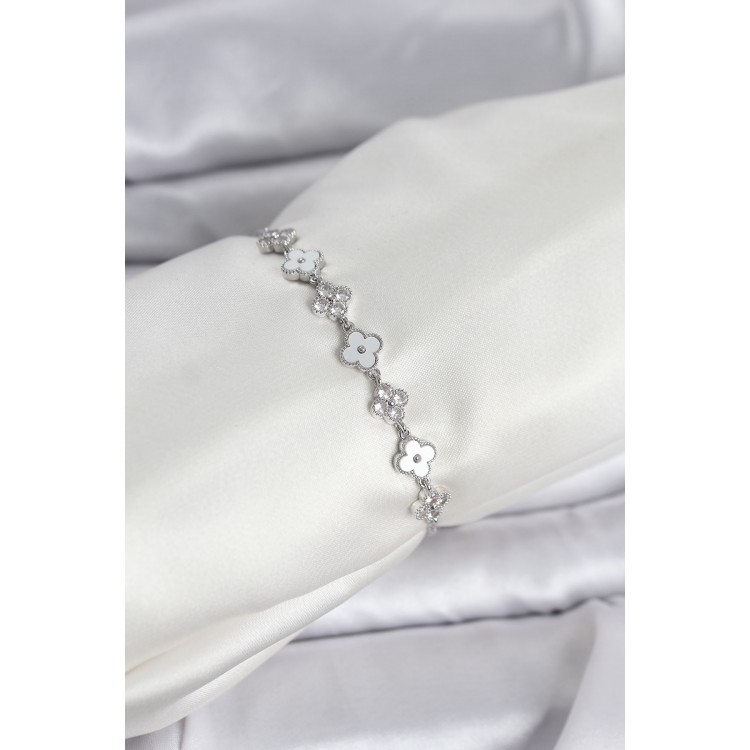 Gümüş Renk Zirkon Taşlı Sıralı Yonca Model Asansörlü Kadın Bileklik
