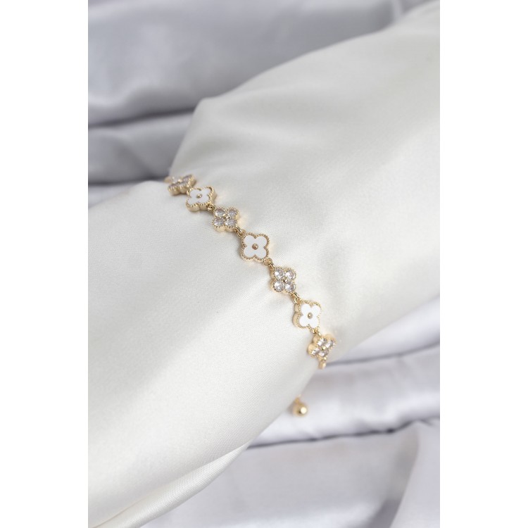 Gold Renk Zirkon Taşlı Sıralı Yonca Model Asansörlü Kadın Bileklik