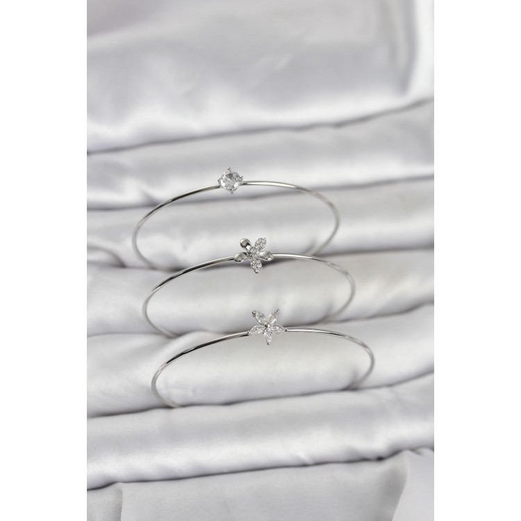 Gümüş Renk Zirkon Taşlı Pirinç 3'lü Kadın Bileklik Kombini