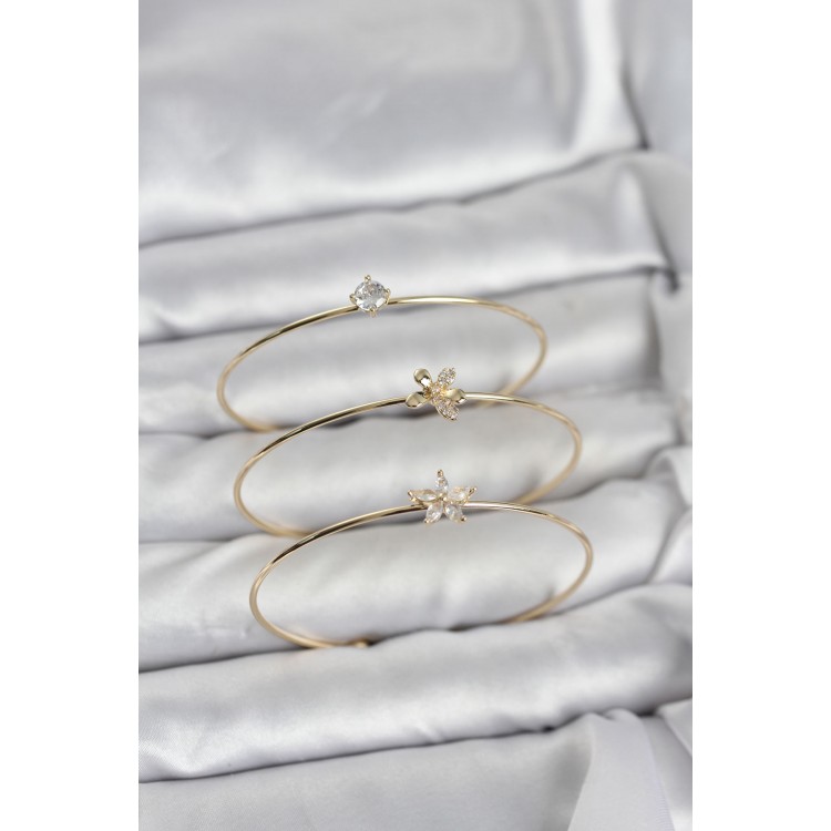 Gold Renk Zirkon Taşlı Pirinç 3'lü Kadın Bileklik Kombini