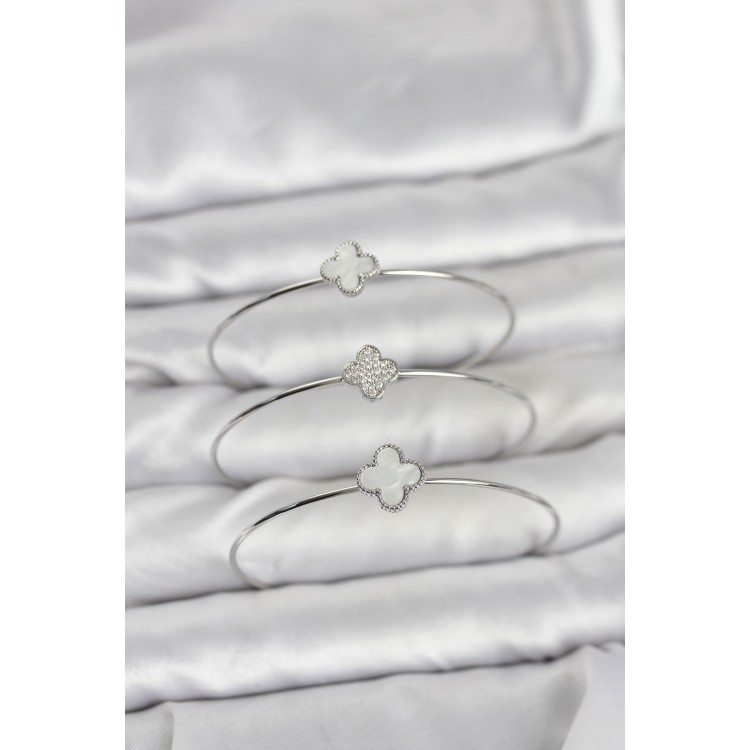 Gümüş Renk Yonca Model Zirkon Taşlı 3'lü Kadın Bileklik Kombini