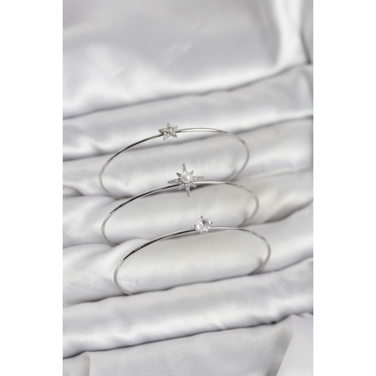 Gümüş Renk Kutup Yıldızı Model Zirkon Taşlı 3'lü Kadın Bileklik Kombini