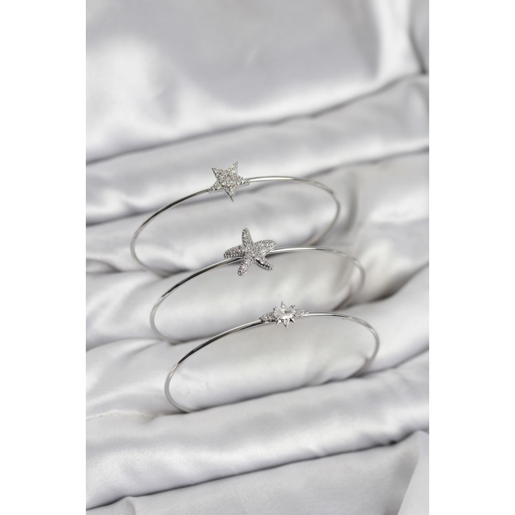 Gümüş Renk Zirkon Taşlı Deniz Yıldızı Model 3'lü Kadın Bileklik Kombini