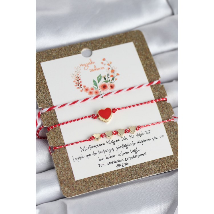 Marteniçka Bileklik 3'lü Kırmızı Mineli Kalp Model