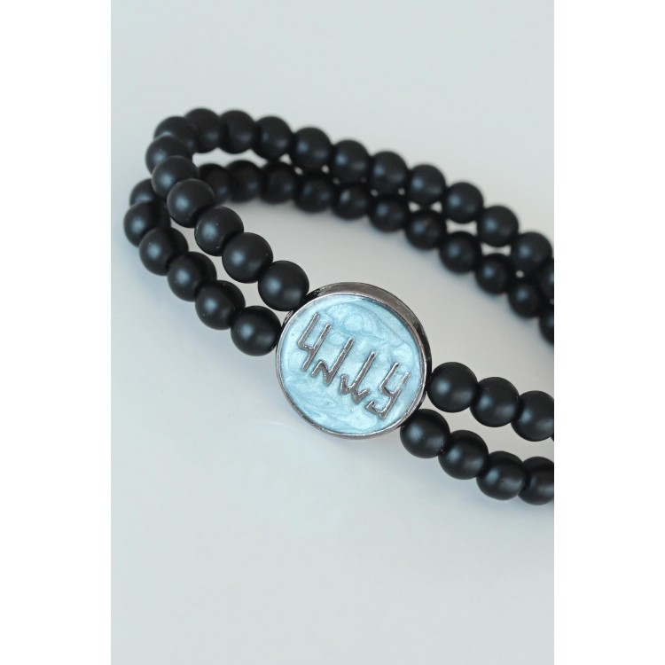 Eski Türkçe Göktürkçe Yazı Figürlü Açık Mavi Renk Metal Aksesuarlı Çift Sıra Oniks Doğal Taş Erkek Bileklik