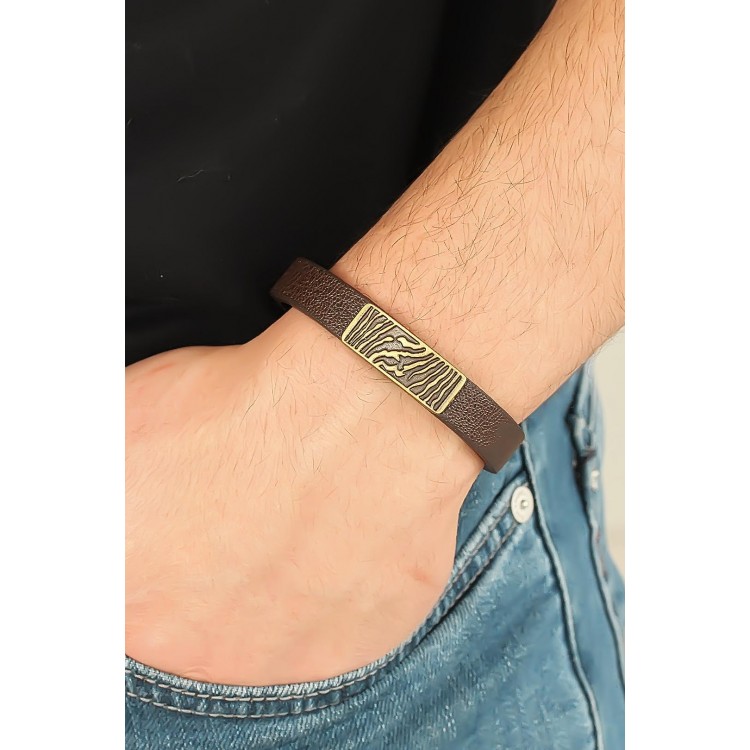 Eskitme Metal Zebra Aksesuarlı Kahverengi Deri Erkek Bileklik