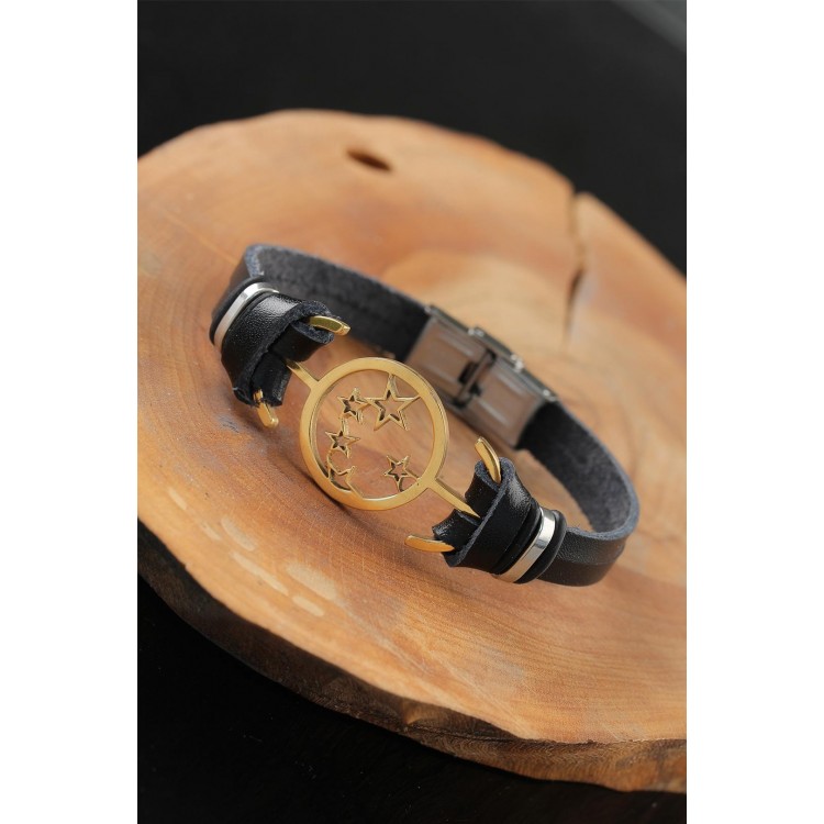 Gold Renk Yıldızlı Metal Aksesuarlı Siyah Deri Erkek Bileklik