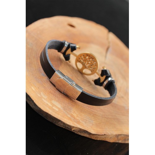 Gold Renk Metal Ağaçlı Tasarım Siyah Renk Deri Erkek Bileklik