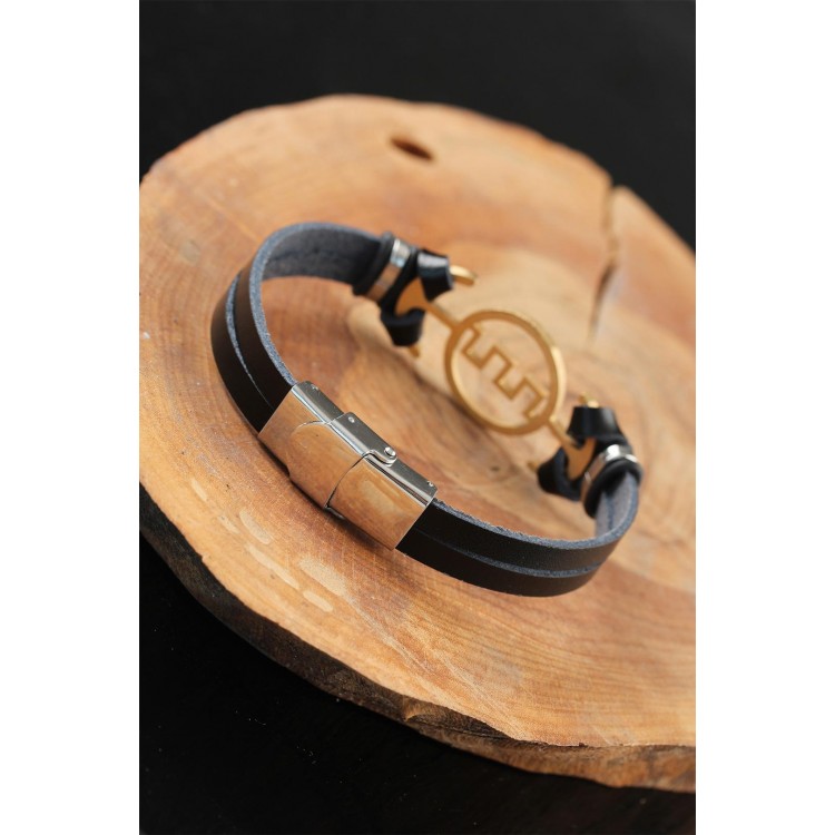 Gold Renk Metal Labirent Tasarım Siyah Renk Deri Erkek Bileklik