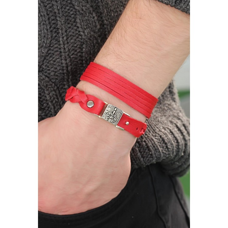 Metal Aksesuarlı Kırmızı Renk Deri Erkek Bileklik Kombin
